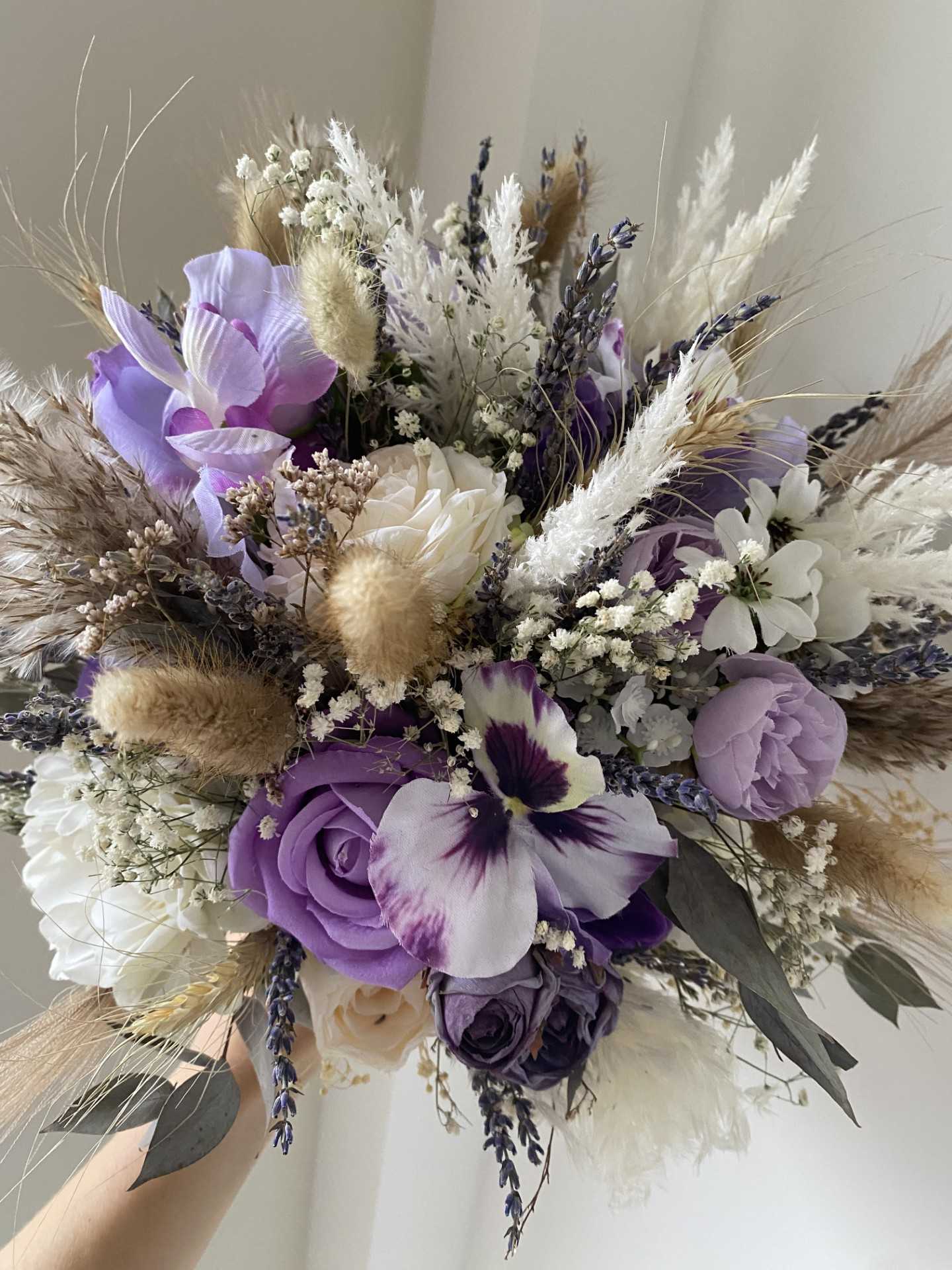 Rustic Artificial & Dried Wedding Bouquet Set Lilac